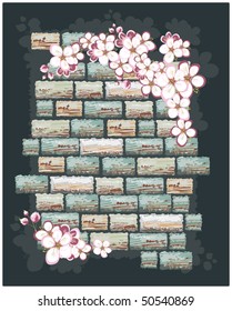 cherry flowers on a brick wall