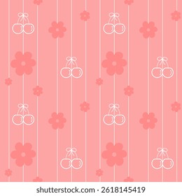 Cherry, Flowers on pink background, Fabric pattern, Gift wrapping paper , seamless pattern 