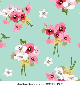 Cherry flowers and pansies. Seamless vector illustration on a turquoise background. For decorating textiles, packaging, wallpaper.