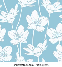 Cherry flowers seamless pattern. White  flowers on blue background. 