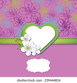 Cherry Flowers ,Spring or summer Design template. Label in heart shape with flowers.For template,cover,background,wedding invitation.Vector illustration