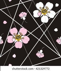 Cherry Flowers In White And Pink On White Strait Lines Are A Seamless Pattern On A Black Background.