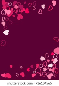 Cherry flying hearts vector border frame. Background illustration with heart love symbols confetti for wedding invitation card, Valentine's day banner border. Romantic feelings relationships concept.