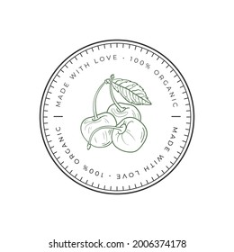 Cherry food logo template. Hand drawn illustrations for for restaurant, bar, vegan, healthy and organic food, market, farmers market, cooking school, food truck, delivery service.