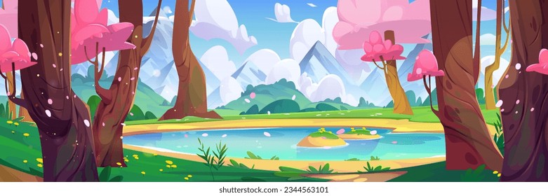 Cherry forest, lake and mountain nature landscape background. Asian sakura park vector scene with pond water, beautiful pink flower and green grass hill outdoor panorama illustration design.
