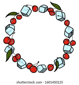 Cherry frame. Cherry, ice cubes and leaves in circle shape. Vector illustration. Cherry wreath.