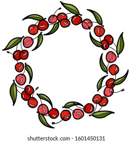 Cherry frame. Cherry and leaves in various shades in circle shape. Vector illustration. Cherry wreath.