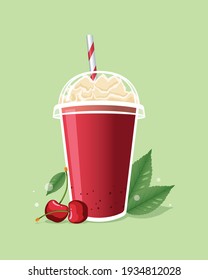 Cherry frappe with whipped cream in take a way cup on green background.