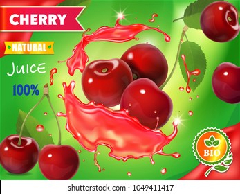 Cherry fresh juice advertising. 3d realistic vector package design