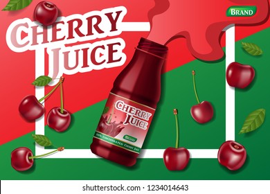 Cherry fresh juice advertising. Juice container package ad isolated. 3d realistic ripe cherry Vector illustration for your creative design