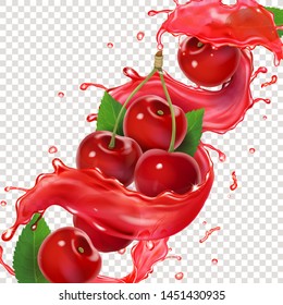 Cherry fresh juice splash for advertising. 3d realistic vector illustration for package design.