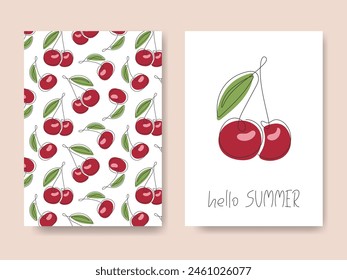 Cherry fruit Backgrounds. Doodle line drawn abstract berry. Cute hand drawn hello summer cards. Template for design card, label, poster, banner, cover