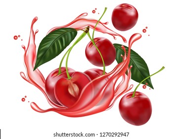 Cherry fruit of berries with liquid splashing isolated on white background, Realistic vector 3D illustration. Of free space for your texts and branding.