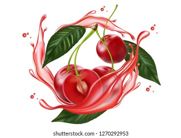 Cherry fruit of berries with liquid splashing isolated on white background, Realistic vector 3D illustration. Of free space for your texts and branding.