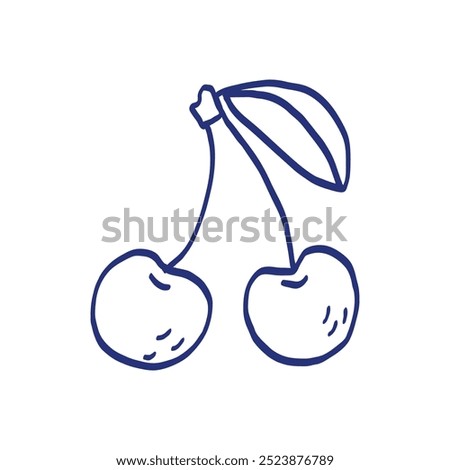 Cherry fruit. Berry vector illustration. Hand drawn sketch. Blue pen or marker drawing. Primitive kids picture.
