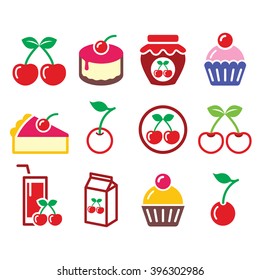 Cherry, fruit cake, jam icons set 