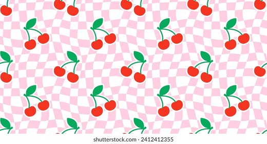 Cherry fruit checkered seamless pattern illustration. Vintage psychedelic groovy cherries background. Cute wallpaper print, trendy wavy checker board food texture.