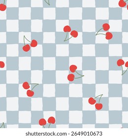 Cherry fruit checkered seamless pattern illustration. Vintage cherries background. Cute wallpaper print, trendy wavy checker board food texture.