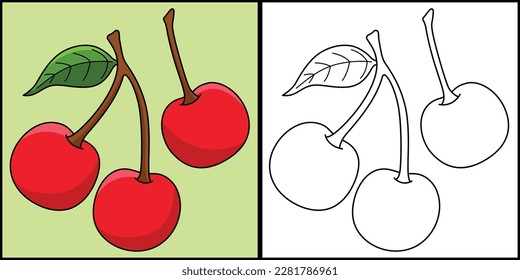 Cherry Fruit Coloring Page Colored Illustration