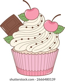 Cherry Fruit Cupcake With Chocolate Bar. Flat and Simple Food Illustration.