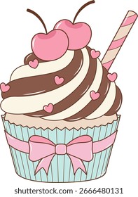 Cupcake De Frutas De Cereza Con Rollo De Agua. Ilustración de comida plana y simple.