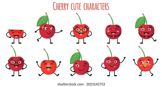 Frutos de cerezo personajes graciosos y alegres con diferentes poses y emociones. Recogida de alimentos antioxidantes de vitamina natural. Dibujo vectorial aislado. Concepto de niños.