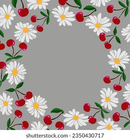 Cherry fruit and daisy flower circle wreath for card or invite. Vector hand drawn illustration
