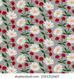 Frutos de cerezo y flor de margarita de diseño textil o papel pintado. Patrón transparente del vector