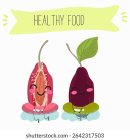 Cherry, fruit, dogwood, cornelian, cornus, funny cheerful characters. Vector hand drawn  illistration.