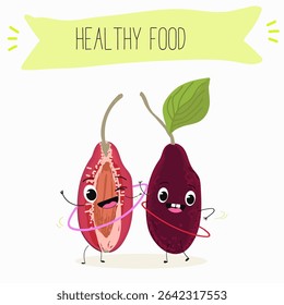 Cherry, fruit, dogwood, cornelian, cornus, funny cheerful characters. Vector hand drawn  illistration.