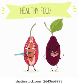 Cherry, fruit, dogwood, cornelian, cornus, funny cheerful characters. Vector hand drawn  illistration.