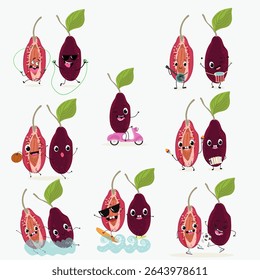 Cereja, fruta, cornélio, cornus, personagens alegres engraçados. Ilustração desenhada à mão vetorial.