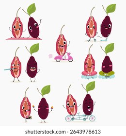 Cherry, fruit, dogwood, cornelian, cornus, funny cheerful characters. Vector hand drawn  illistration.