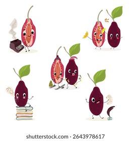 Cherry, fruit, dogwood, cornelian, cornus, funny cheerful characters. Vector hand drawn  illistration.