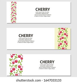 Ilustración plana de frutos de cerezo con hojas vectorial de fondo conjunto de 3. Escalable y editable. Diseño de vectores para banner, fondo, tarjeta, página de inicio, folleto, volante, portada