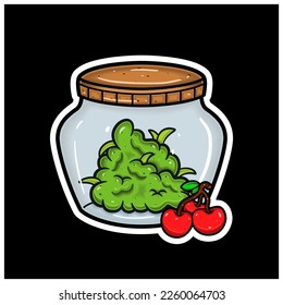 Cherry Fruit Flavor With Cartoon Mascot of Weed Bud On Jar. For Sticker and label. Vector and Illustration.