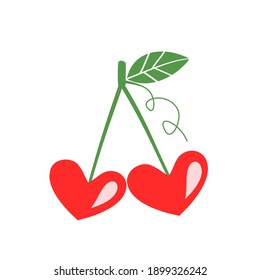 Kirschfrucht mit grünem Blattsymbol, Vektorgrafik, Herzform. Valentinstag.