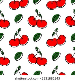 cherry fruit hand drawn seamless pattern on white background