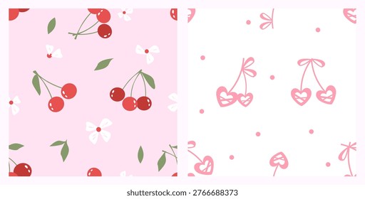 Cherry fruit and heart cherry seamless pattern set pastel cute romantic background design.