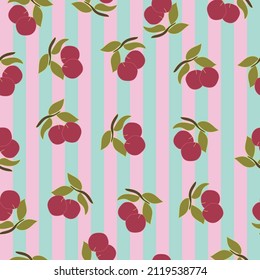 Cherry fruit with horizontal striped background. Eye pleasing seamless pattern. Perfect for greeting card, tablecloth, wallpaper and textile