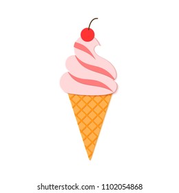 Cherry fruit Ice Cream in waffle cone in trandy paper cut style. Craft tasty bright summer icecream on white background for package design, T-shirt printing. Vector card illustration.