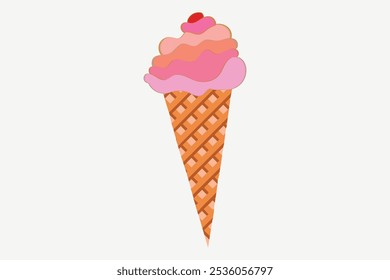 Cherry fruit Ice Cream in waffle cone in trendy paper cut style. Craft tasty bright summer dessert on white background for package design, T-shirt printing. 3d vector card illustration icon.