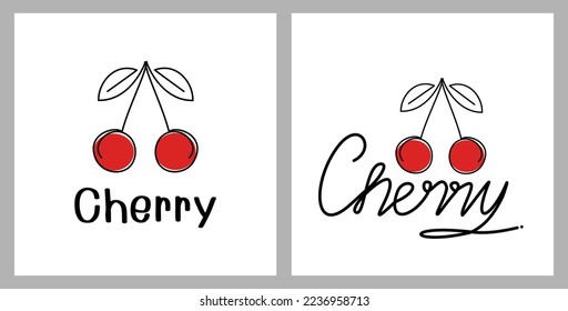 Cherry fruit icon logo with hand written fonts isolated on white background vector illustration.
