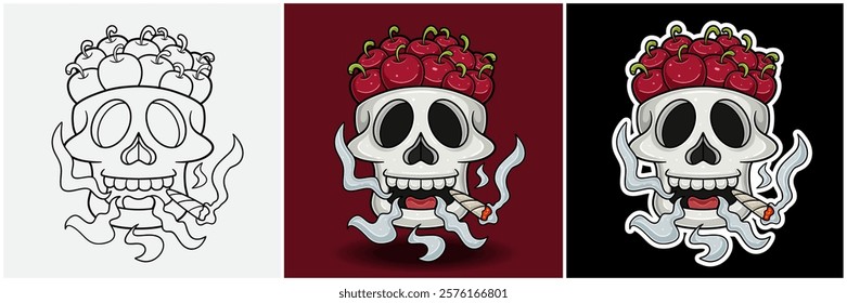 Cherry Fruit Inside Skull Head With Smoking Character Cartoon. Black White, Colorful and Sticker Style. For T shirt print, Brand Logo, Label and Mascot product. Vectors Illustrations