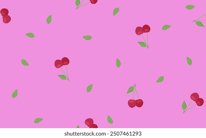Fruta de la cereza aislada en un fondo rosado. Patrón sin fisuras. Fondo de fruta de Vector para textiles, papel, cubierta, platos, decoración diferente.