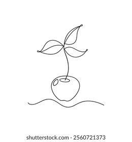 Cherry fruit with leaf Continuous line art flat vector illustration