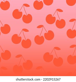 Cherry fruit with leaves on pink background vector illustration with pink gradient. Cute cartoon fruit pattern, flat design for fashion print.