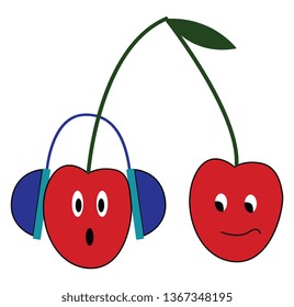 Cherry fruit is listening to music vector or color illustration