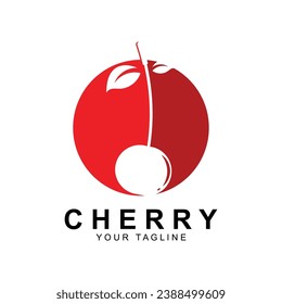 Logo de Cherry Fruit, ilustración del vector de planta de color rojo, diseño de la tienda de frutas, empresa, adhesivo, marca de producto