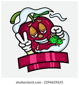 Cherry Fruit Mascot Cartoon Characters With Weed Bud, Smoking and Blank Sign Label. Vectors and Illustrations.